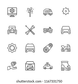 Collection of 16 wheel outline icons include icons such as settings, pinwheel, engine, garage, recycling truck, golf cart, motorbike, quad, car, classic car, minivan
