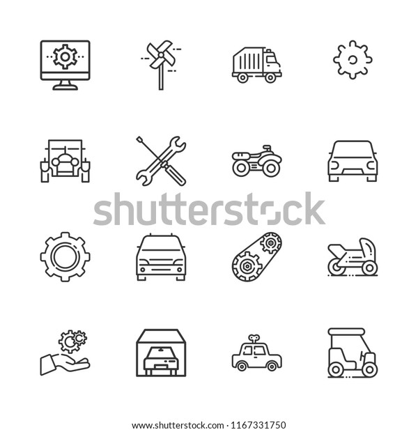 Collection of 16 wheel outline icons\
include icons such as settings, pinwheel, engine, garage, recycling\
truck, golf cart, motorbike, quad, car, classic car,\
minivan