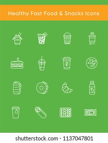 Collection of 16 white vector icons for healthy fast food or fast casual restaurant or cafe. White line isolated pictograms for web and print design