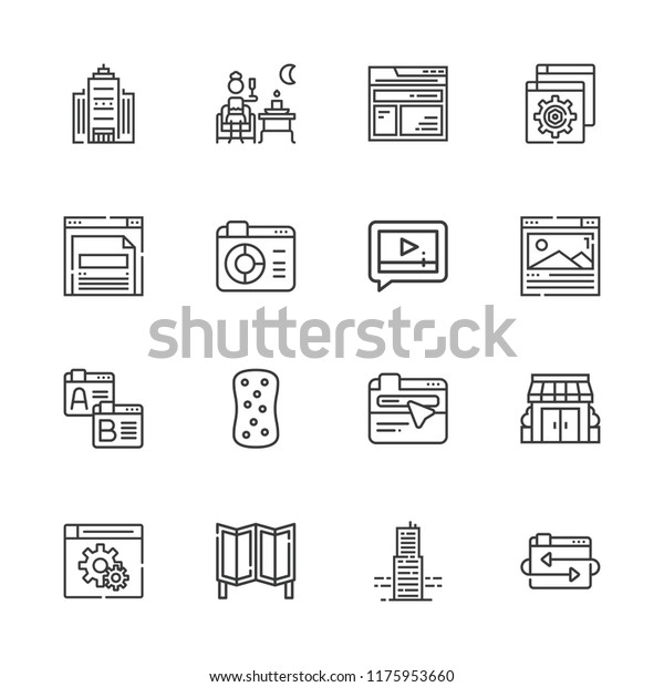 Collection of 16 window outline icons include\
icons such as browser, terrace, sponge, video player, browsers,\
office building, room divider,\
building