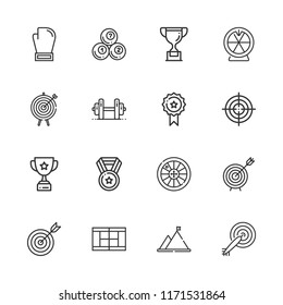 Collection of 16 winner outline icons include icons such as roulette, darts, target, medal, trophy, billiard, boxing, tennis court, weightlifting