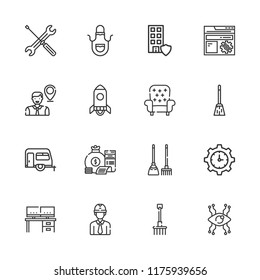 Collection of 16 work outline icons include icons such as startup, settings, engineer, apron, broom, time management, office, trailer, desk, employee, vision, money bag, rake