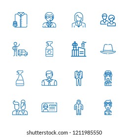 Collection of 16 worker outline icons include icons such as industry, valet, suit, users, hat, doorman, businesswoman, man, id card, suit and tie, pilot