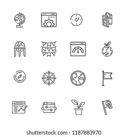 Collection of 16 world outline icons include icons such as map, browser, flag, flags, compass, globe, earth globe, planet earth