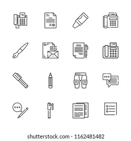 Collection of 16 write outline icons include icons such as documents, pen, contract, pencil, fax, document, pads, chat bubble, note, fountain pen, crayon