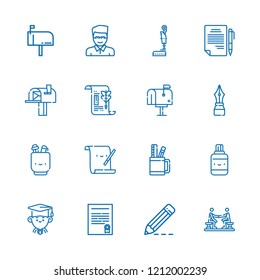 Collection of 16 writing outline icons include icons such as contract, educator, writing, mailbox, graduate, pen, pencil case, parchment, legal, papyrus, agreement