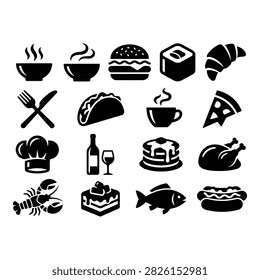 A collection of 17 flat design icons depicting various food and beverage items, including soup, ramen, hamburger, croissant, and more.