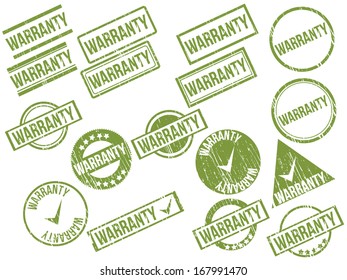 Collection of 17 green grunge rubber stamps with text "WARRANTY" . Vector illustration