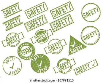 Collection of 17 green grunge rubber stamps with text "SAFETY" . Vector illustration