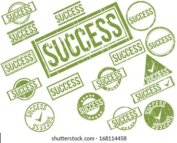 Collection of 17 green grunge rubber stamps with text "SUCCESS" . Vector illustration