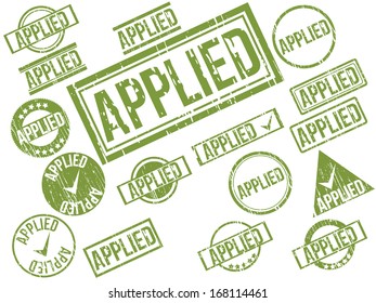 Collection of 17 green grunge rubber stamps with text "APPLIED" . Vector illustration