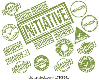 Collection of 17 green grunge rubber stamps with text "Initiative" . Vector illustration