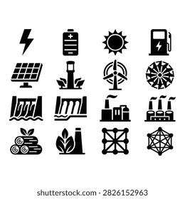 A collection of 17 modern flat vector icons representing various renewable and nonrenewable energy sources and infrastructure.