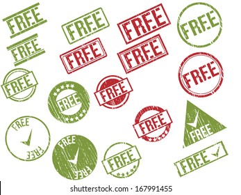 Collection of  17 red and green grunge rubber stamps with text "FREE" . Vector illustration