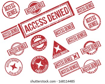 Collection of 17 red grunge rubber stamps with text "ACCESS DENIED" . Vector illustration