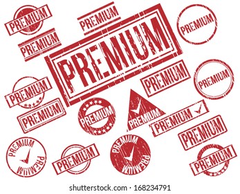 Collection of 17 red grunge rubber stamps with text "PREMIUM" . Vector illustration
