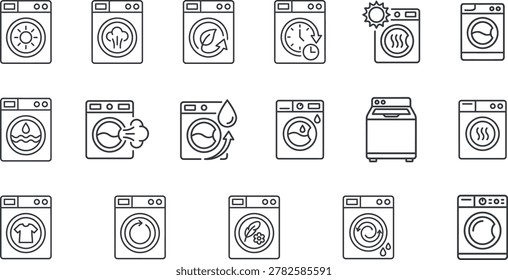 A collection of 17 thin line icons showcasing washing machine modes, laundry cycles, and appliance features. The vector set includes outline symbols for front-load and top-load washers, eco-friendly programs, quick wash timers, steam cleaning, delicate fabric care, water saving, and intense spin cycles. Perfect for appliance user manuals, laundry care labels, smart home app interfaces, and domestic chore guides.