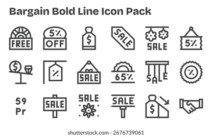 Collection of 18 Bold Line-style vector icons for Bargain, designed for clarity and versatility.