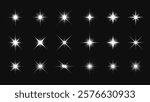 A collection of 18 bright starburst light effects on a dark background. These starburst designs vary in size and intensity, creating a dazzling light effect. Overlay effect vector element set.