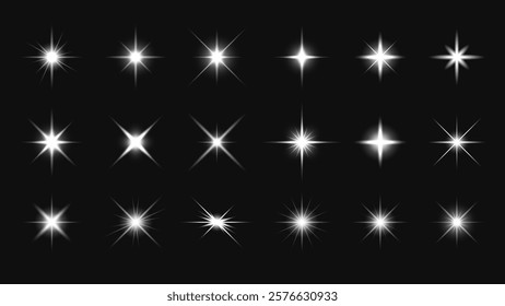 A collection of 18 bright starburst light effects on a dark background. These starburst designs vary in size and intensity, creating a dazzling light effect. Overlay effect vector element set.