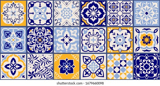 Collection of 18 ceramic tiles in turkish style. Seamless colorful patchwork from Azulejo tiles. Portuguese and Spain decor. Islam, Arabic, Indian, Ottoman motif. Vector Hand drawn background