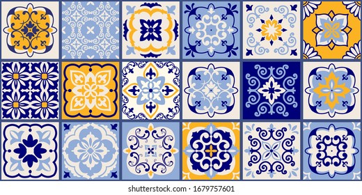 Collection of 18 ceramic tiles in turkish style. Seamless colorful patchwork from Azulejo tiles. Portuguese and Spain decor. Islam, Arabic, Indian, Ottoman motif. Vector Hand drawn background