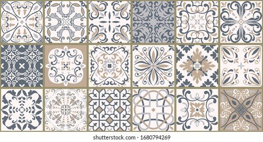 Collection of 18 ceramic tiles in turkish style. Seamless colorful patchwork from Azulejo tiles. Portuguese and Spain decor. Islam, Arabic, Indian, Ottoman motif. Vector Hand drawn background