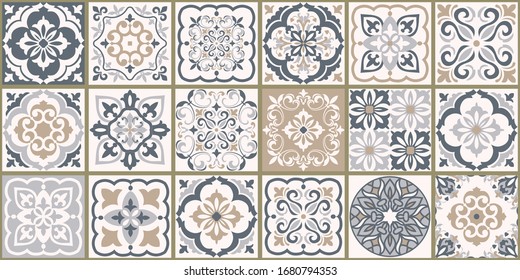 Collection of 18 ceramic tiles in turkish style. Seamless colorful patchwork from Azulejo tiles. Portuguese and Spain decor. Islam, Arabic, Indian, Ottoman motif. Vector Hand drawn background - Shutterstock ID 1680794353