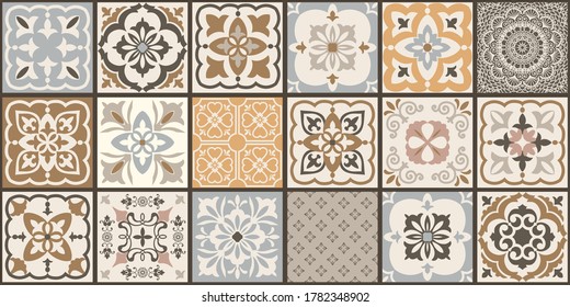 Collection of 18 ceramic tiles in turkish style. Seamless colorful patchwork from Azulejo tiles. Portuguese and Spain decor. Islam, Arabic, Indian, Ottoman motif. Vector Hand drawn background