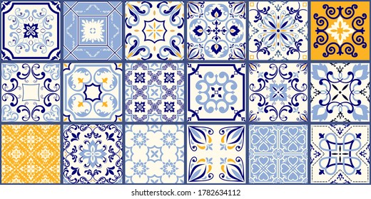Collection of 18 ceramic tiles in turkish style. Seamless colorful patchwork from Azulejo tiles. Portuguese and Spain decor. Islam, Arabic, Indian, Ottoman motif. Vector Hand drawn background
