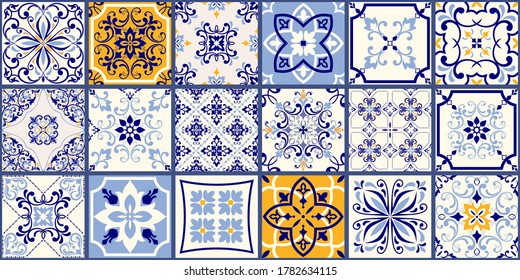 Collection of 18 ceramic tiles in turkish style. Seamless colorful patchwork from Azulejo tiles. Portuguese and Spain decor. Islam, Arabic, Indian, Ottoman motif. Vector Hand drawn background