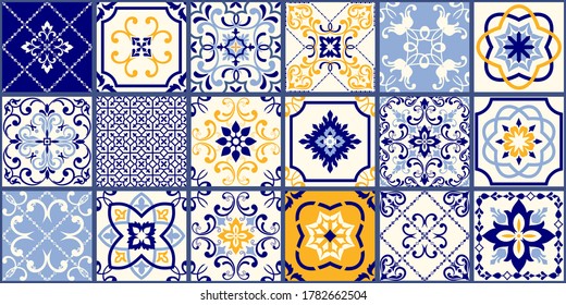 Collection of 18 ceramic tiles in turkish style. Seamless colorful patchwork from Azulejo tiles. Portuguese and Spain decor. Islam, Arabic, Indian, Ottoman motif. Vector Hand drawn background