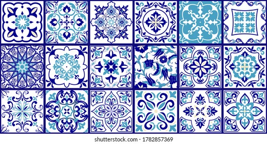 Collection of 18 ceramic tiles in turkish style. Seamless colorful patchwork from Azulejo tiles. Portuguese and Spain decor. Islam, Arabic, Indian, Ottoman motif. Vector Hand drawn background