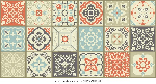  Collection of 18 ceramic tiles in turkish style. Seamless colorful patchwork from Azulejo tiles. Portuguese and Spain decor. Islam, Arabic, Indian, Ottoman motif. Vector Hand drawn background