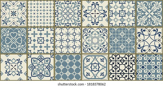 Collection of 18 ceramic tiles in turkish style. Seamless colorful patchwork from Azulejo tiles. Portuguese and Spain decor. Islam, Arabic, Indian, Ottoman motif. Vector Hand drawn background