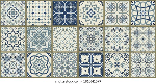 Collection of 18 ceramic tiles in turkish style. Seamless colorful patchwork from Azulejo tiles. Portuguese and Spain decor. Islam, Arabic, Indian, Ottoman motif. Vector Hand drawn background