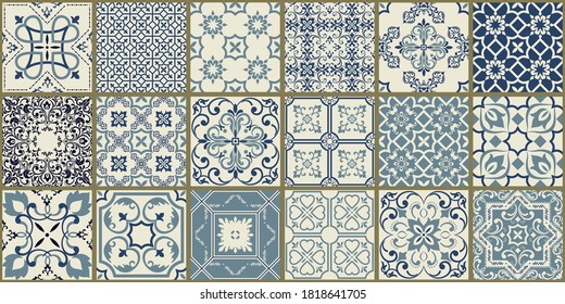 Collection of 18 ceramic tiles in turkish style. Seamless colorful patchwork from Azulejo tiles. Portuguese and Spain decor. Islam, Arabic, Indian, Ottoman motif. Vector Hand drawn background