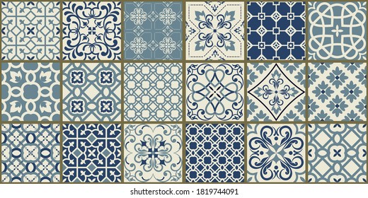 Collection of 18 ceramic tiles in turkish style. Seamless colorful patchwork from Azulejo tiles. Portuguese and Spain decor. Islam, Arabic, Indian, Ottoman motif. Vector Hand drawn background