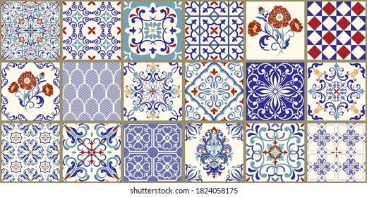 Collection of 18 ceramic tiles in turkish style. Seamless colorful patchwork from Azulejo tiles. Portuguese and Spain decor. Islam, Arabic, Indian, Ottoman motif. Vector Hand drawn background