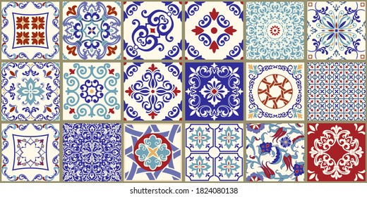 Collection of 18 ceramic tiles in turkish style. Seamless colorful patchwork from Azulejo tiles. Portuguese and Spain decor. Islam, Arabic, Indian, Ottoman motif. Vector Hand drawn background