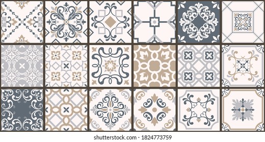 Colección de 18 baldosas de cerámica de estilo turco. Manchas de colores sin inconfundibles de azulejos de Azulejo. Decoración portuguesa y española. Islam, árabe, indio, motivo otomano. Fondo dibujado por la mano del vector