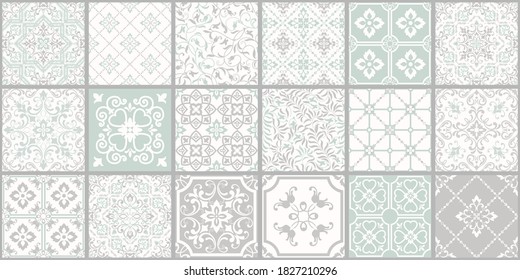 Collection of 18 ceramic tiles in turkish style. Seamless colorful patchwork from Azulejo tiles. Portuguese and Spain decor. Islam, Arabic, Indian, Ottoman motif. Vector Hand drawn background