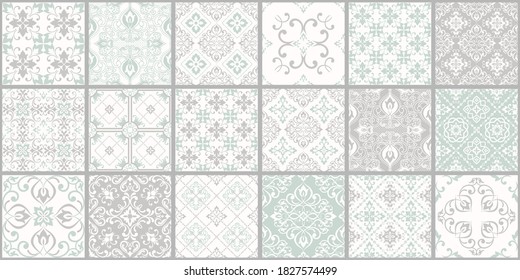 Collection of 18 ceramic tiles in turkish style. Seamless colorful patchwork from Azulejo tiles. Portuguese and Spain decor. Islam, Arabic, Indian, Ottoman motif. Vector Hand drawn background