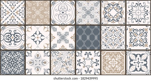 Collection of 18 ceramic tiles in turkish style. Seamless colorful patchwork from Azulejo tiles. Portuguese and Spain decor. Islam, Arabic, Indian, Ottoman motif. Vector Hand drawn background