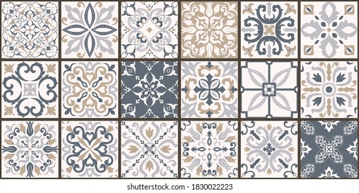 Collection of 18 ceramic tiles in turkish style. Seamless colorful patchwork from Azulejo tiles. Portuguese and Spain decor. Islam, Arabic, Indian, Ottoman motif. Vector Hand drawn background