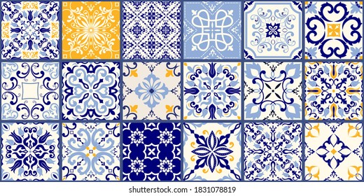 Collection of 18 ceramic tiles in turkish style. Seamless colorful patchwork from Azulejo tiles. Portuguese and Spain decor. Islam, Arabic, Indian, Ottoman motif. Vector Hand drawn background