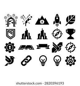 A collection of 18 flat design icons featuring abstract symbols, business elements, and natureinspired motifs in a clean, minimalist style.