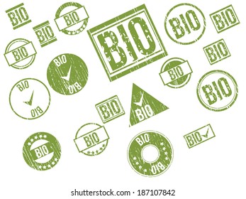Collection of 18 green grunge rubber stamps with text "BIO" . Vector illustration