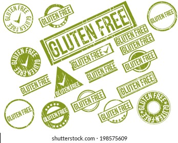 Collection of 18 green grunge rubber stamps with text "GLUTEN FREE" . Vector illustration