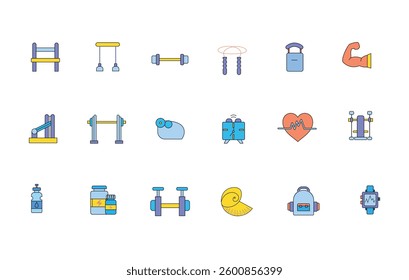 A collection of 18 gym and fitness-themed line and fill icons. The icons include gym equipment, weights, supplements, workout gear, and health-related symbols.